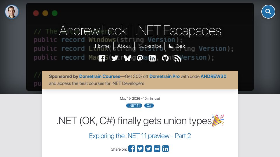 Screenshot of andrewlock.net: .NET (OK, C#) finally gets union types