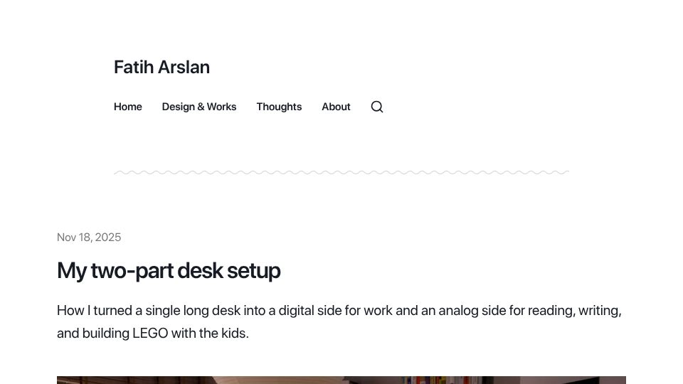 Screenshot of arslan.io: My two-part desk setup (2025)