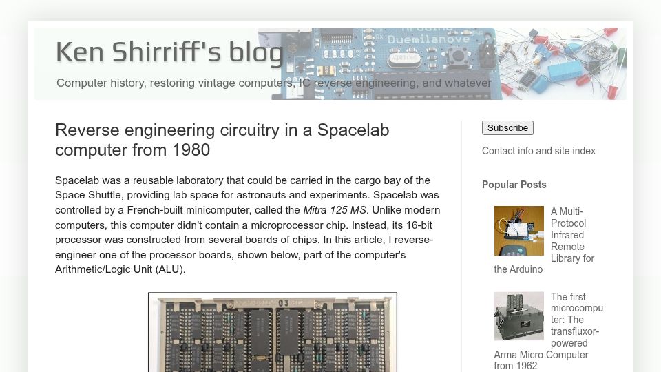 Screenshot of righto.com: Reverse engineering circuitry in a Spacelab computer from 1980