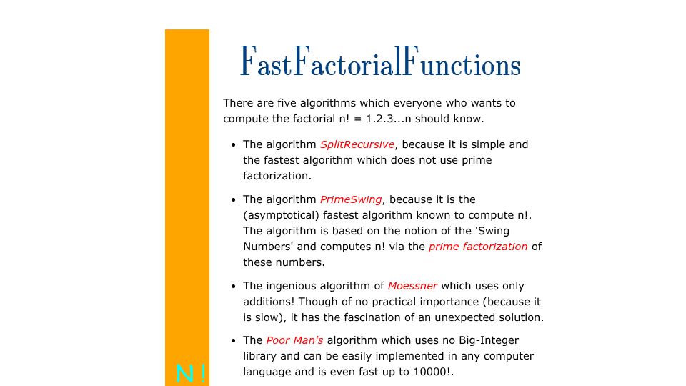 Screenshot of luschny.de: Fast Factorial Algorithms