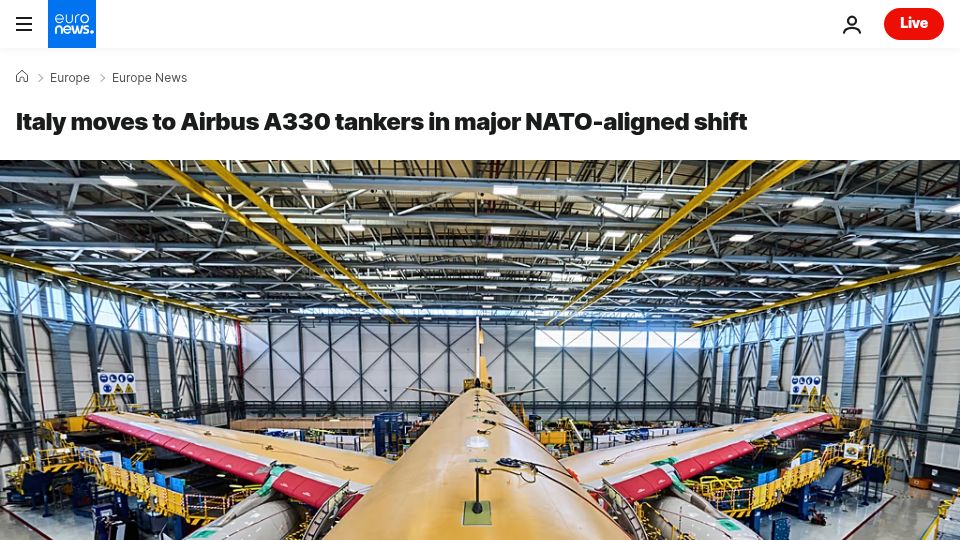 Screenshot of euronews.com: Italy moves to Airbus A330 tankers