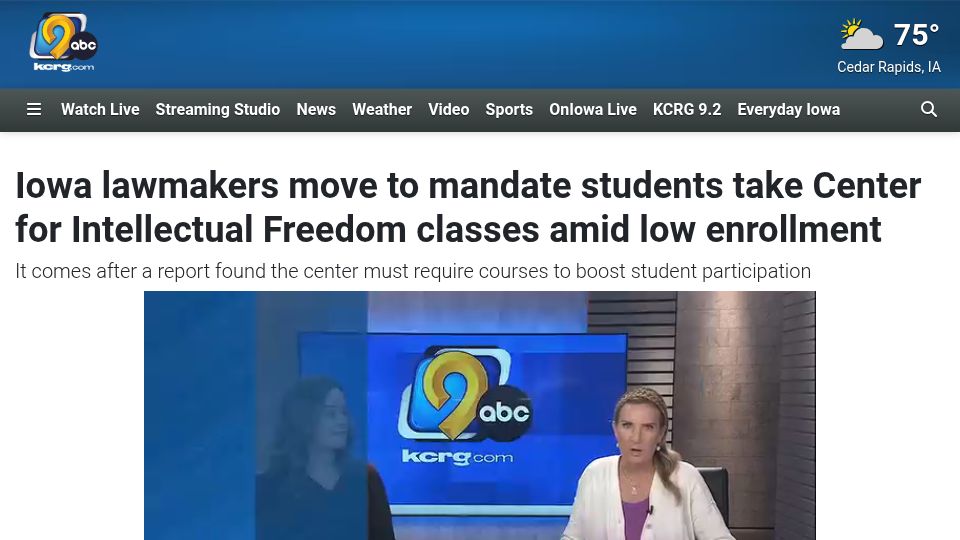 Screenshot of kcrg.com: Iowa to mandate students take Intellectual Freedom classes amid low enrollment