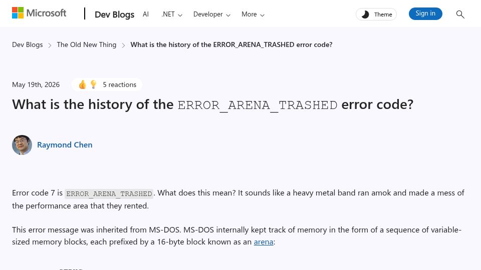 Screenshot of devblogs.microsoft.com: What is the history of the ERROR_ARENA_TRASHED error code?