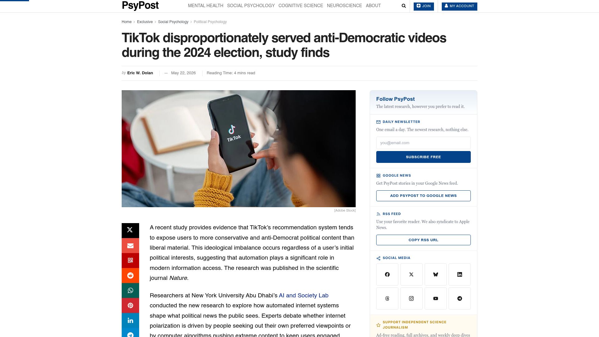 Screenshot of psypost.org: TikTok disproportionately served anti-Democratic videos during the 2024 election
