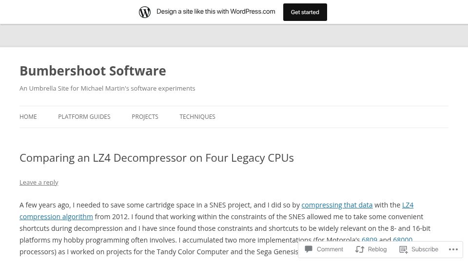 Screenshot of bumbershootsoft.wordpress.com: Comparing an LZ4 Decompressor on Four Legacy CPUs