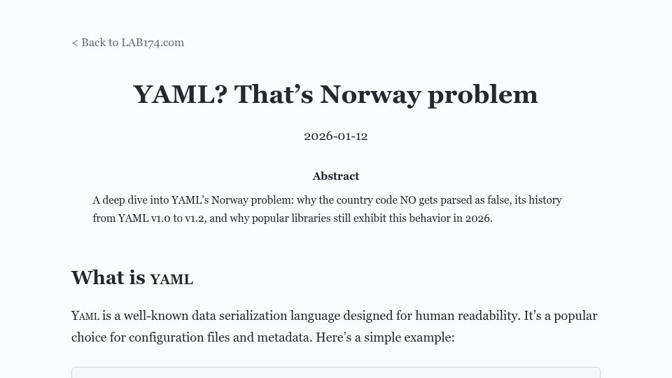 Screenshot of lab174.com: YAML? That's Norway Problem