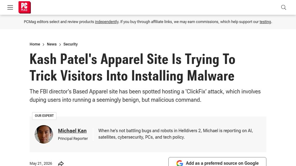 Screenshot of pcmag.com: FBI director's Based Apparel site has been spotted hosting a 'ClickFix' attack