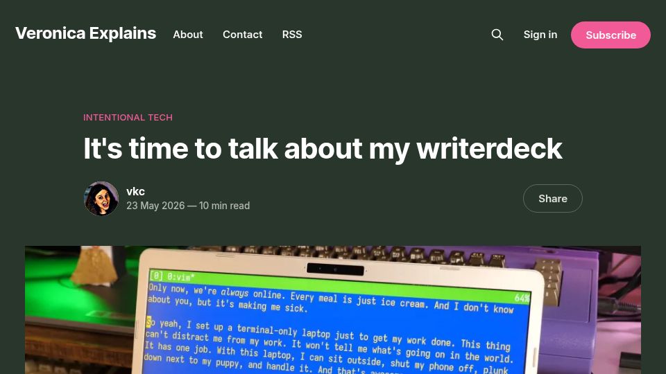 Screenshot of veronicaexplains.net: Time to talk about my writerdeck