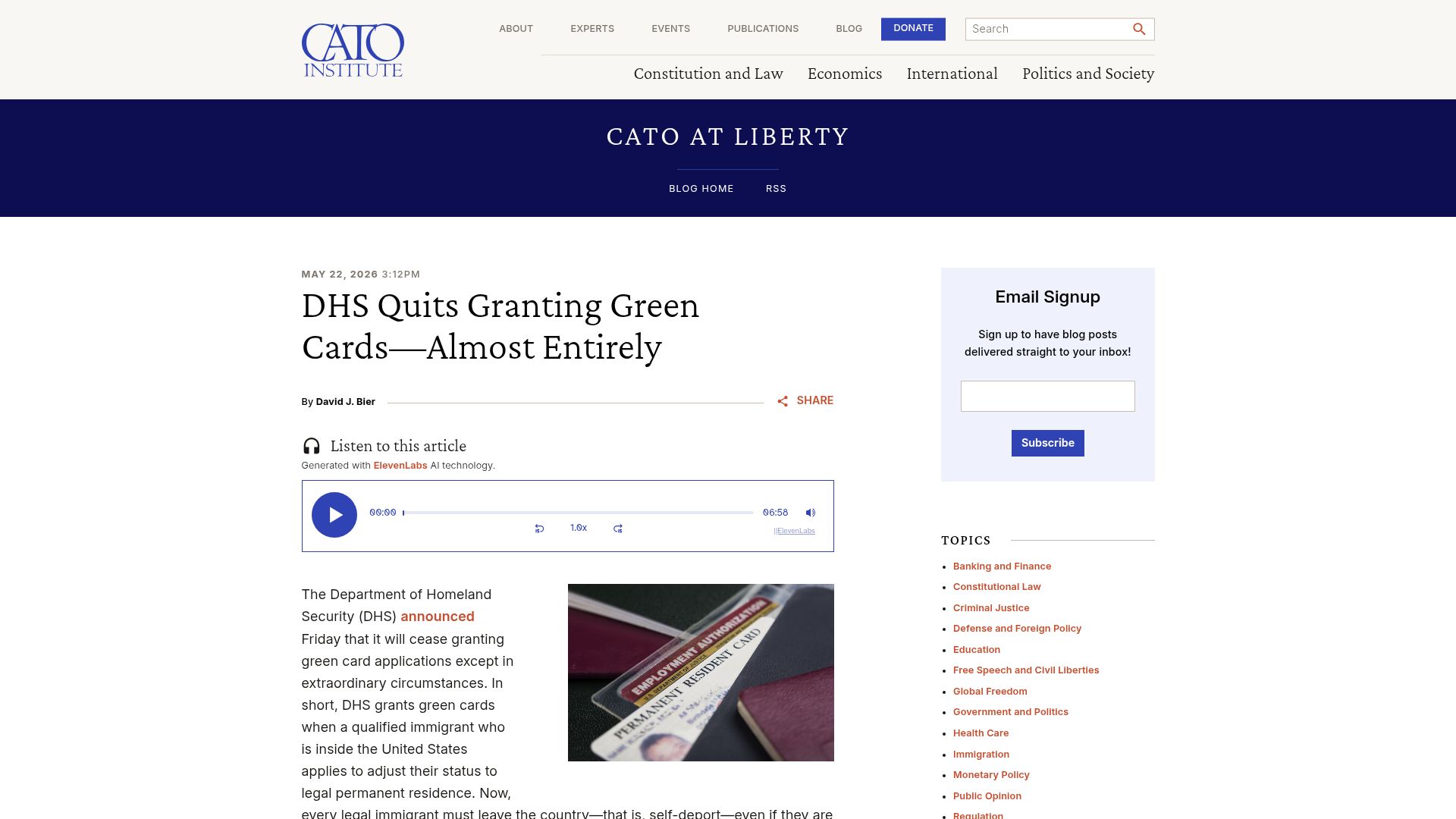 Screenshot of cato.org: DHS Quits Granting Green Cards–Almost