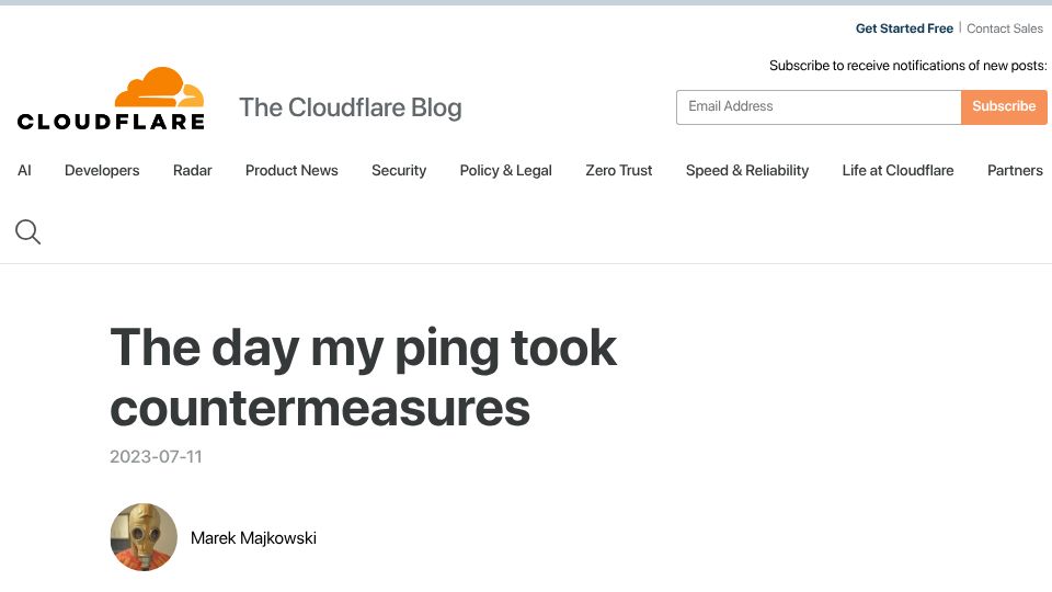 Screenshot of blog.cloudflare.com: The day my ping took countermeasures