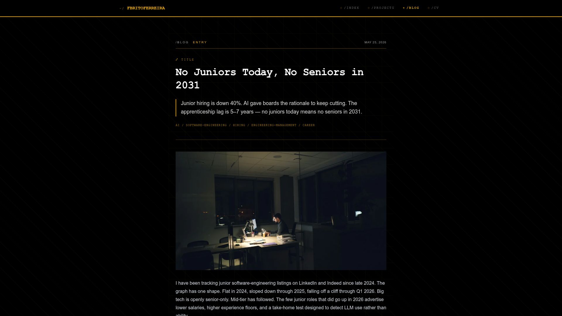 Screenshot of fbritoferreira.com: No Juniors Today, No Seniors in 2031
