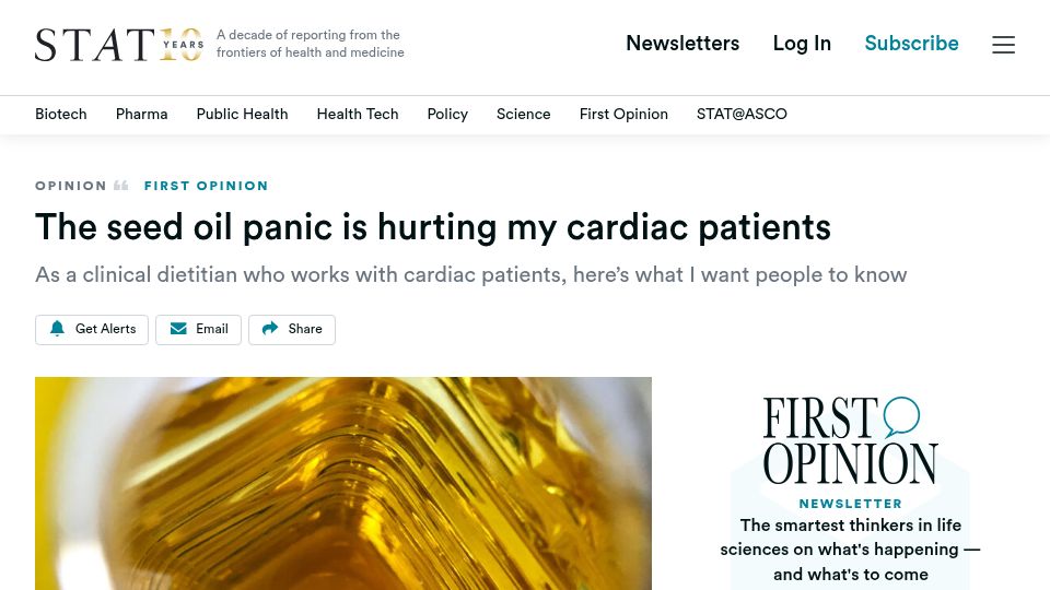 Screenshot of statnews.com: The seed oil panic is hurting my cardiac patients