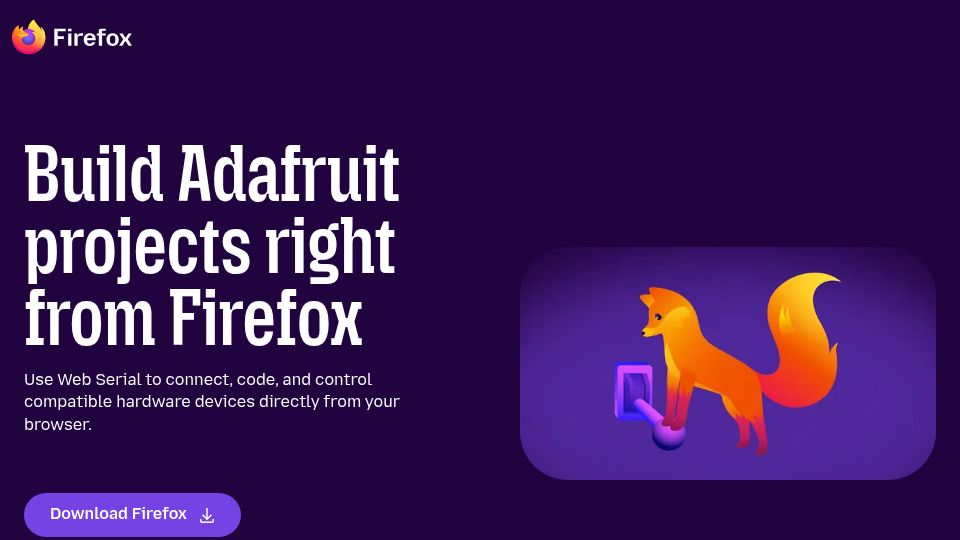 Screenshot of firefox.com: Build Adafruit projects right from Firefox