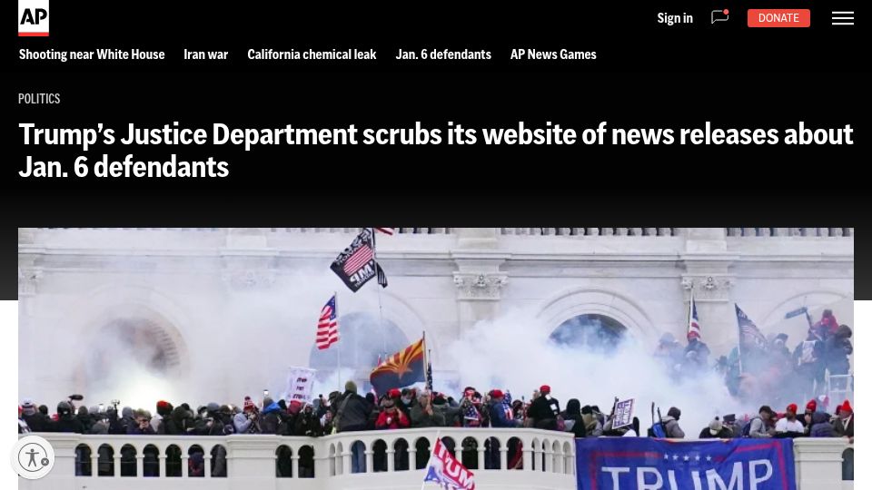 Screenshot of apnews.com: Justice Department scrubs its website of news releases about Jan. 6 defendants