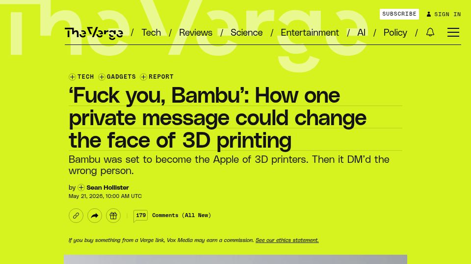 Screenshot of theverge.com: 'Fuck you, Bambu': How one private message could change the face of 3D printing