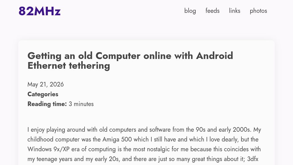 Screenshot of 82mhz.net: Getting an old Computer online with Android Ethernet tethering