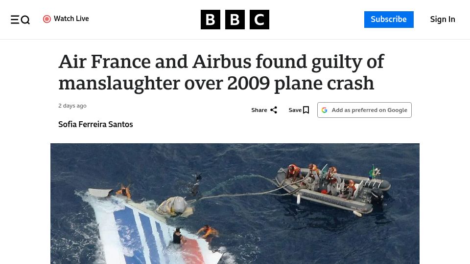 Screenshot of bbc.com: Air France and Airbus found guilty of manslaughter over 2009 plane crash