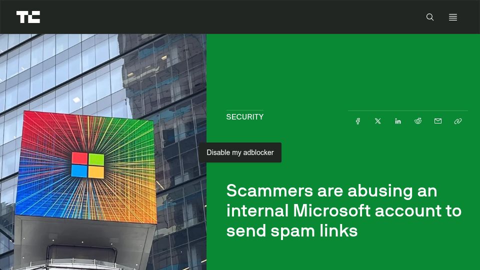 Screenshot of techcrunch.com: Scammers are abusing an internal Microsoft account to send spam links