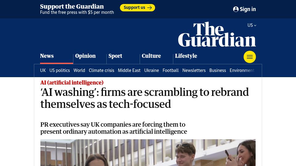 Screenshot of theguardian.com: 'AI washing': firms are scrambling to rebrand themselves as tech-focused
