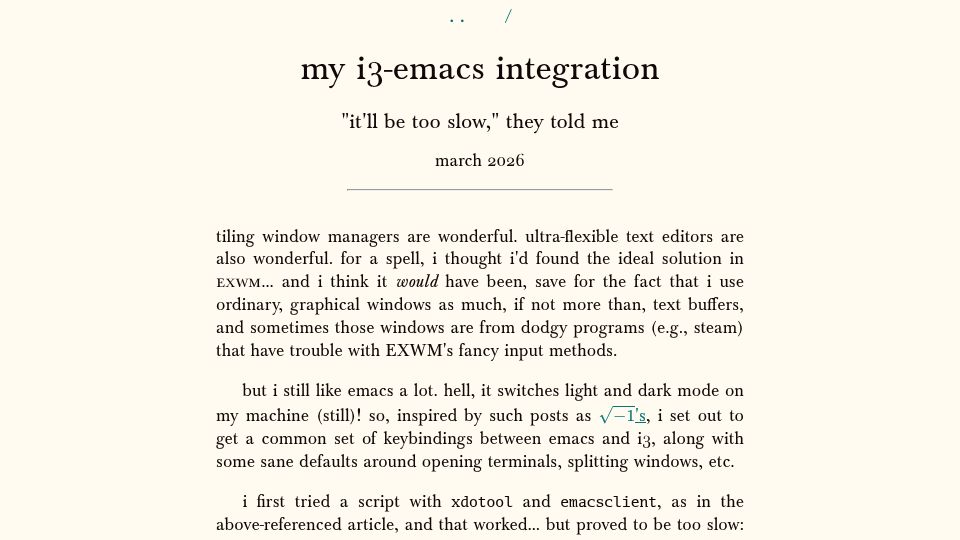 Screenshot of khz.ac: My I3-Emacs Integration