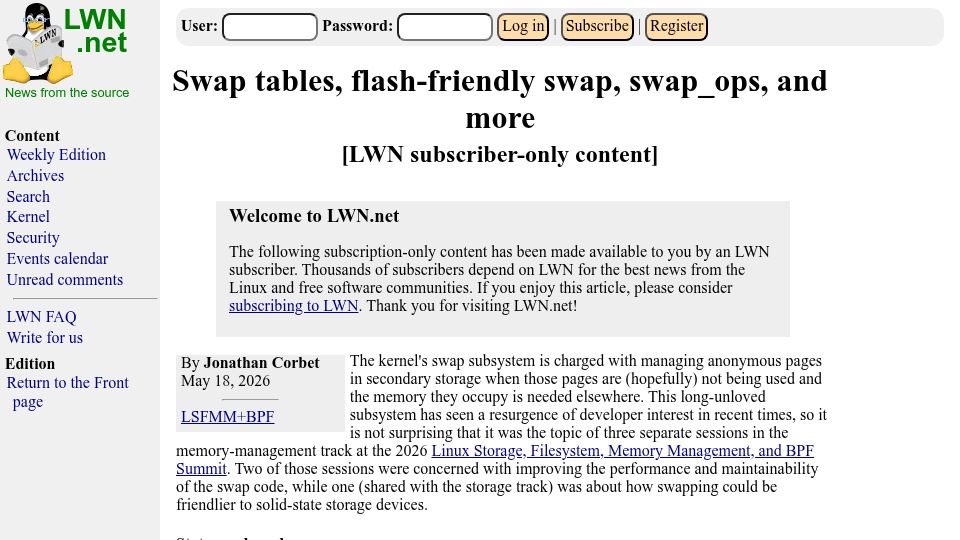 Screenshot of lwn.net: Swap tables, flash-friendly swap, swap_ops, and more