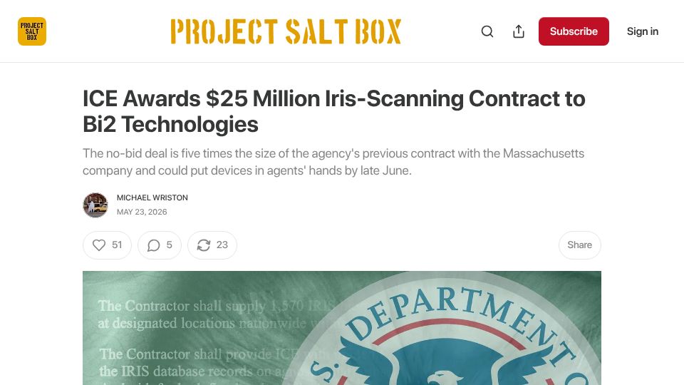 Screenshot of projectsaltbox.com: ICE Awards $25M Iris-Scanning Contract to Bi2 Technologies