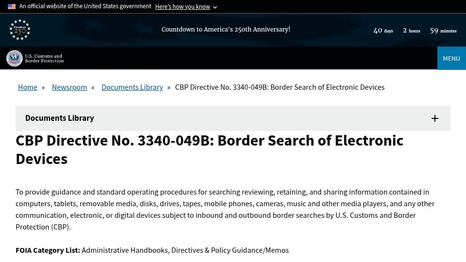 Screenshot of cbp.gov: CBP Directive 3340-049B: Border Search of Electronic Devices