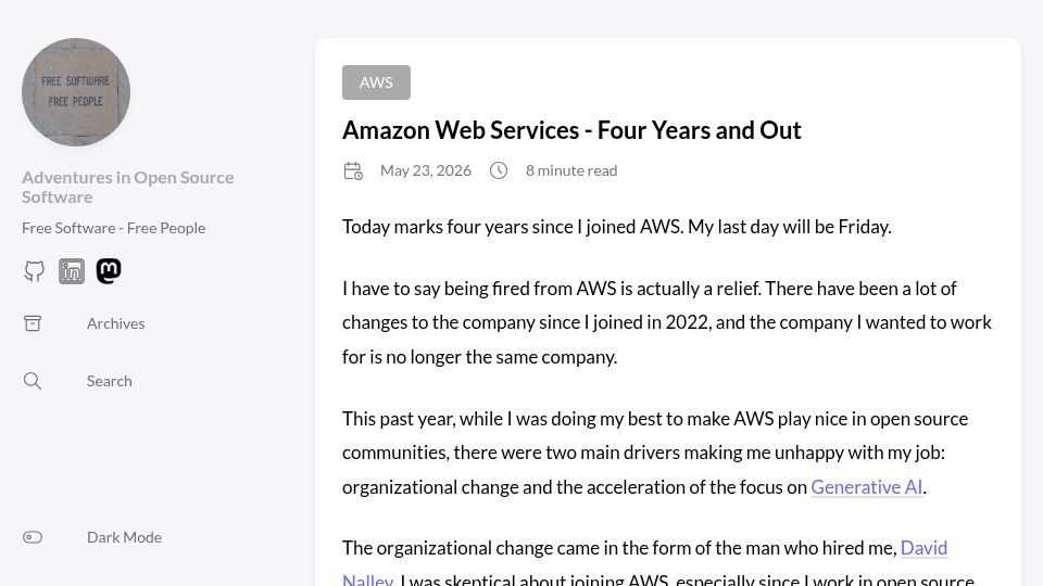 Screenshot of adventuresinoss.com: Amazon Web Services – Four Years and Out
