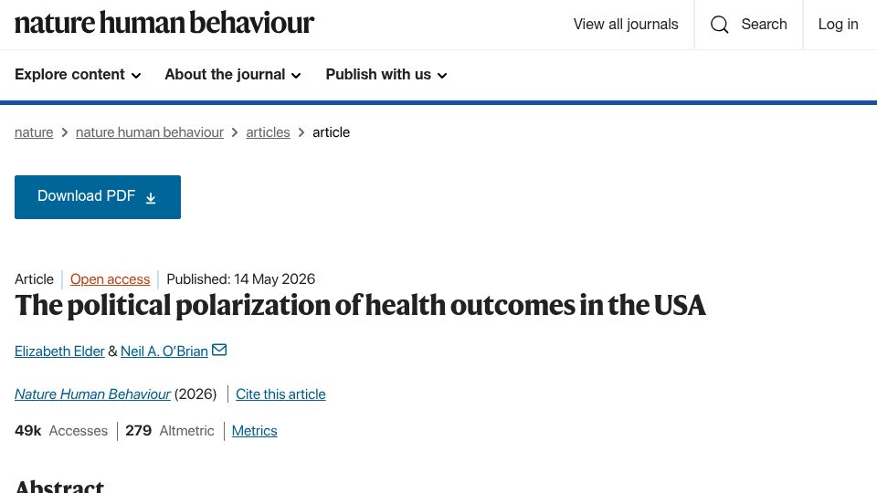 Screenshot of nature.com: The political polarization of health outcomes in the USA