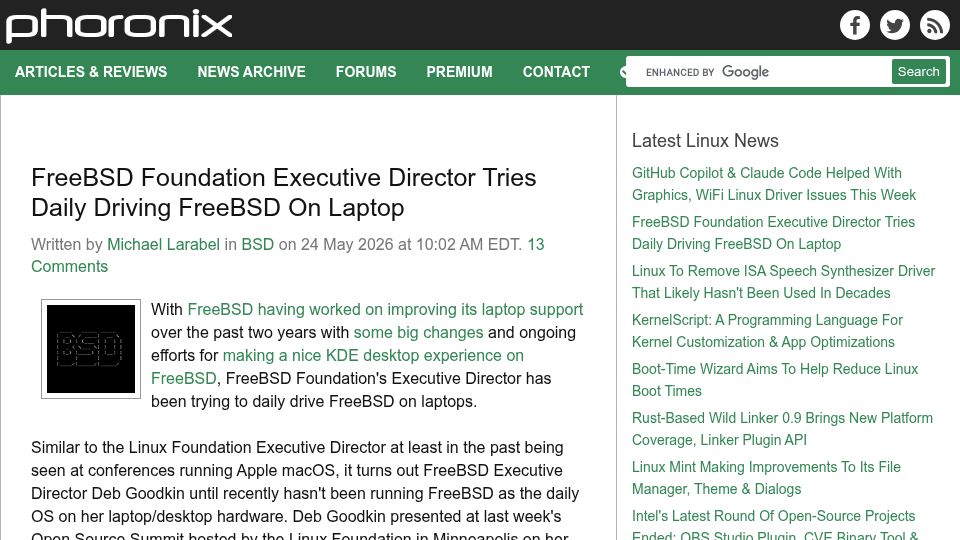 Screenshot of phoronix.com: FreeBSD Foundation Executive Director Tries Daily Driving FreeBSD on Laptop