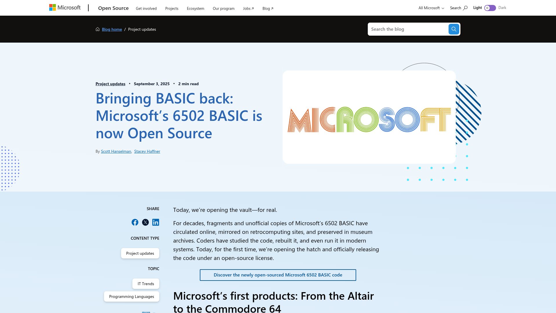 Screenshot of opensource.microsoft.com: Microsoft's 6502 BASIC is now Open Source (2025)