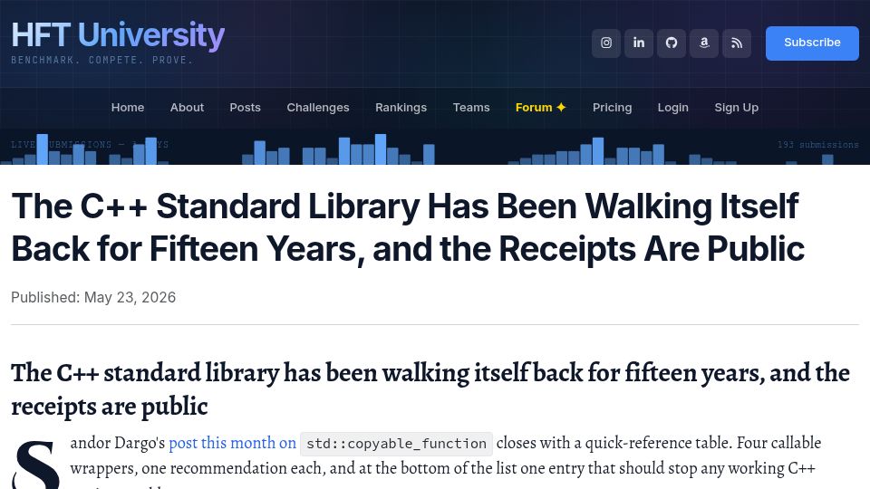 Screenshot of hftuniversity.com: The C++ Standard Library Has Been Walking Itself Back for Fifteen Years