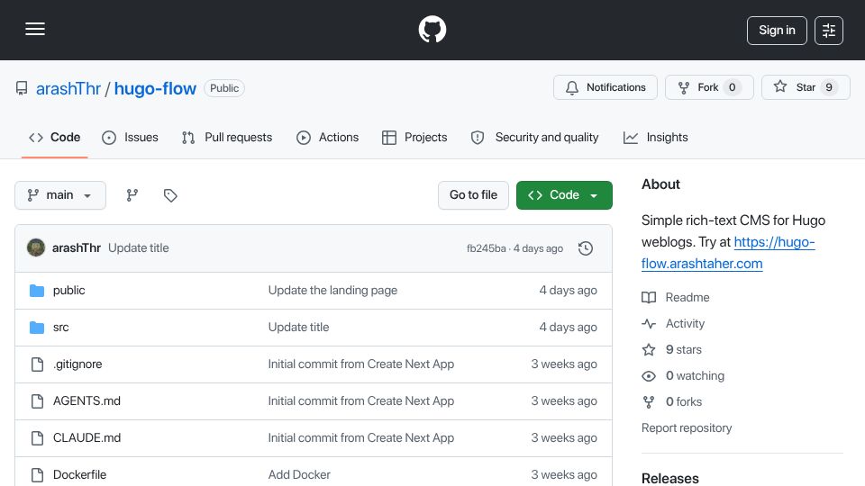 Screenshot of github.com: Show HN: Git-based front-end interface for Hugo
