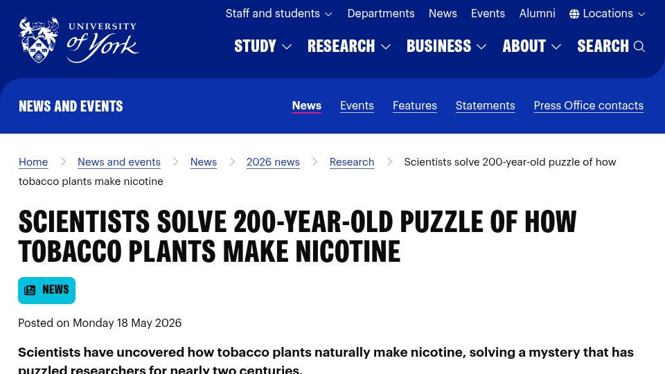 Screenshot of york.ac.uk: Scientists solve 200-year-old puzzle of how tobacco plants make nicotine