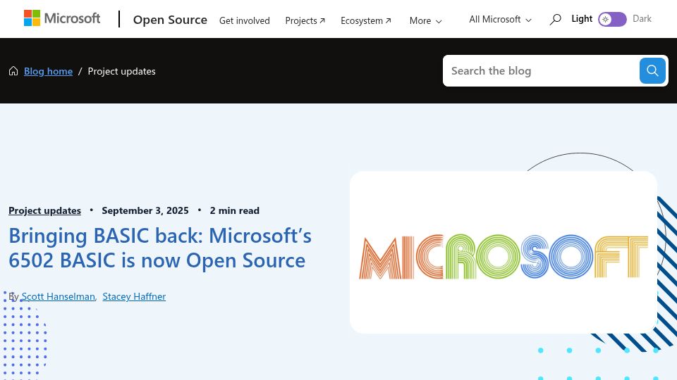 Screenshot of opensource.microsoft.com: Microsoft's 6502 BASIC is now Open Source (2025)