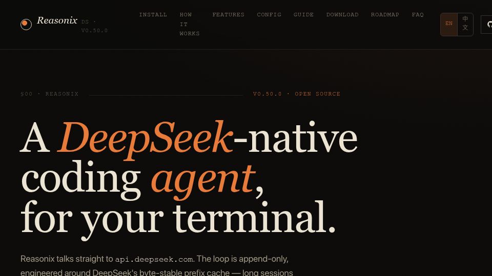 Screenshot of esengine.github.io: DeepSeek reasonix, DeepSeek native coding agent with high caching and low cost
