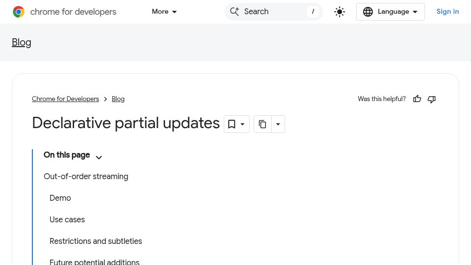 Screenshot of developer.chrome.com: API proposed by Chrome: Declarative partial updates