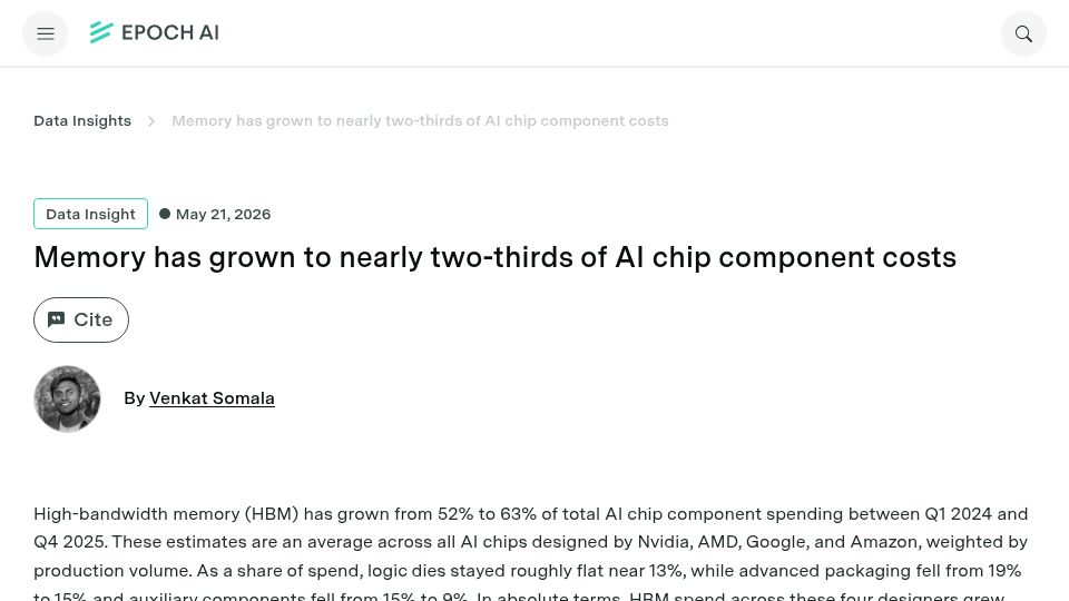 Screenshot of epoch.ai: Memory has grown to nearly two-thirds of AI chip component costs