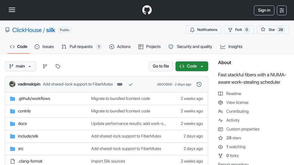 Screenshot of github.com: Silk: Open-source cooperative fiber scheduler