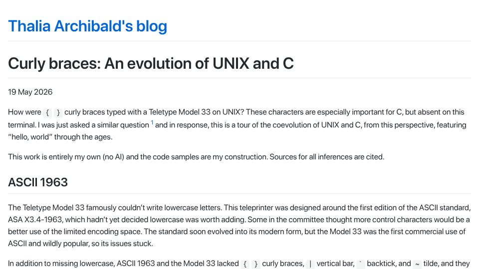Screenshot of thalia.dev: Curly braces: An evolution of Unix and C