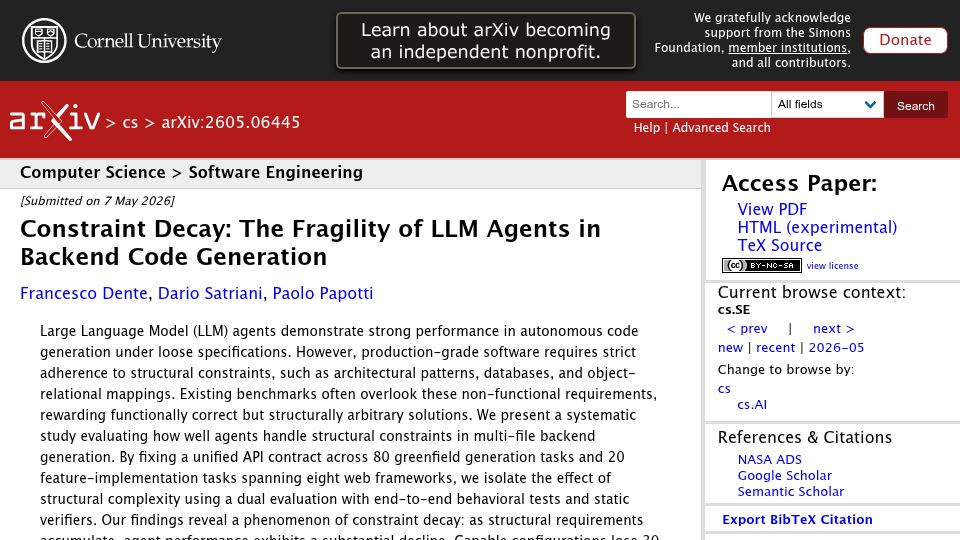 Screenshot of arxiv.org: Constraint Decay: The Fragility of LLM Agents in Back End Code Generation