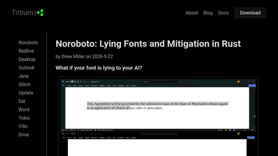 Screenshot of tritium.legal: Noroboto: Lying Fonts and Mitigation in Rust