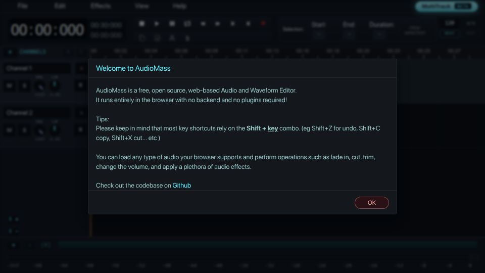 Screenshot of audiomass.co: Show HN: Audiomass – a free, open-source multitrack audio editor for the web
