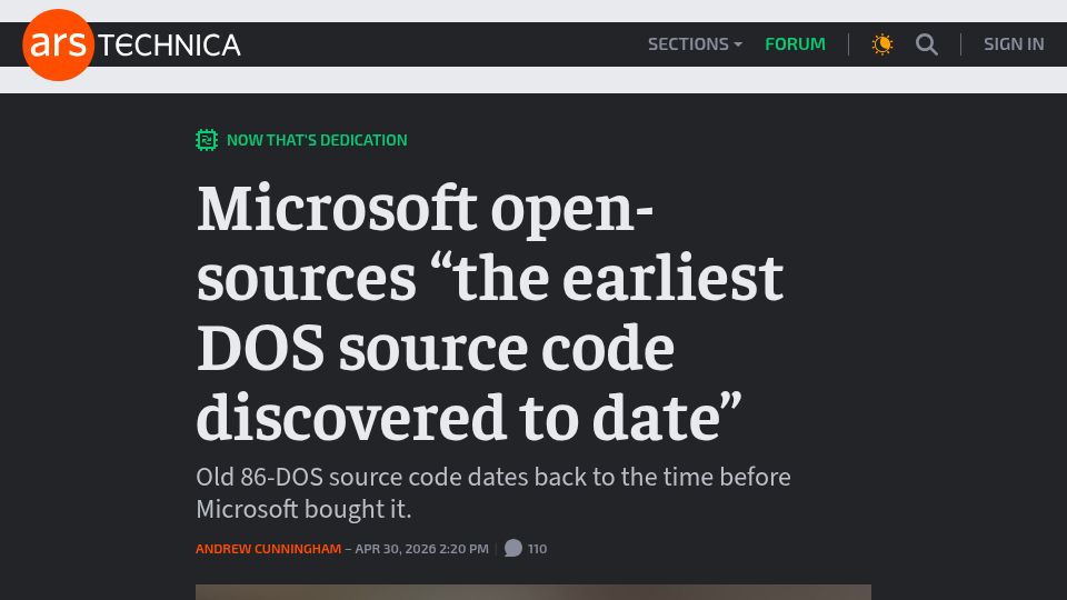 Screenshot of arstechnica.com: Microsoft open-sources “the earliest DOS source code discovered to date”