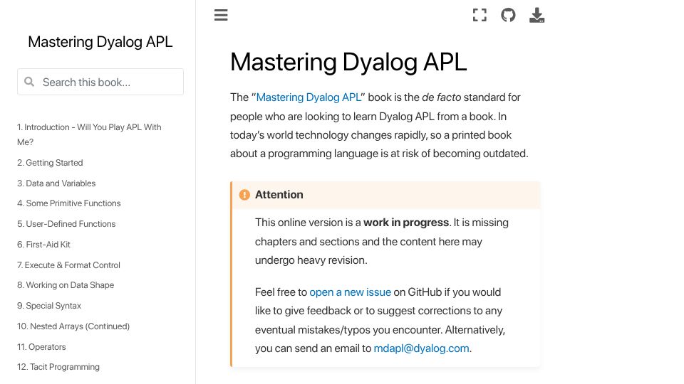 Screenshot of mastering.dyalog.com: Mastering Dyalog APL