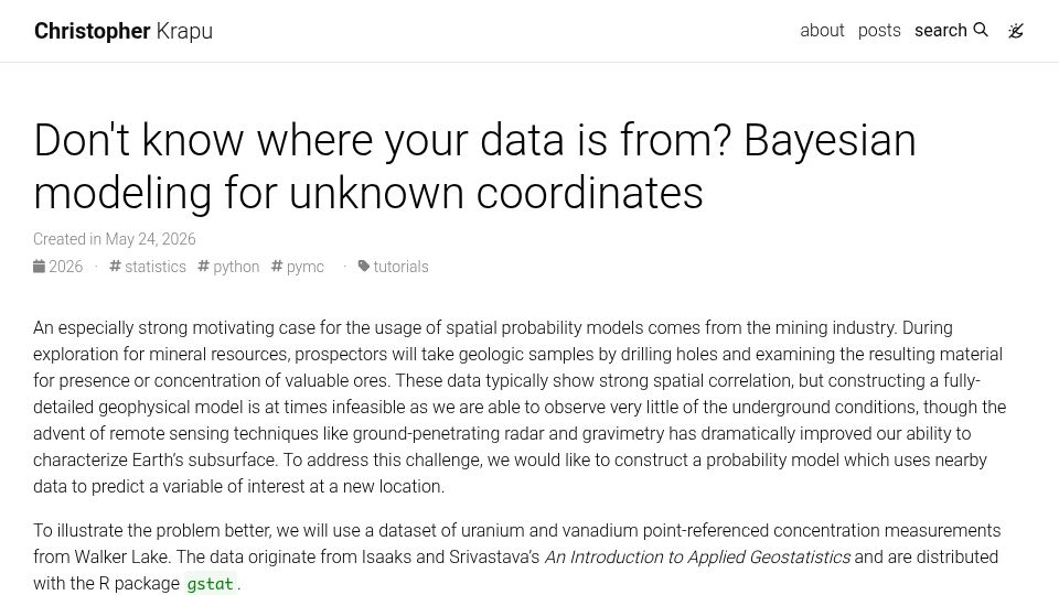 Screenshot of christopherkrapu.com: Don't know where your data is from? Bayesian modeling for unknown coordinates