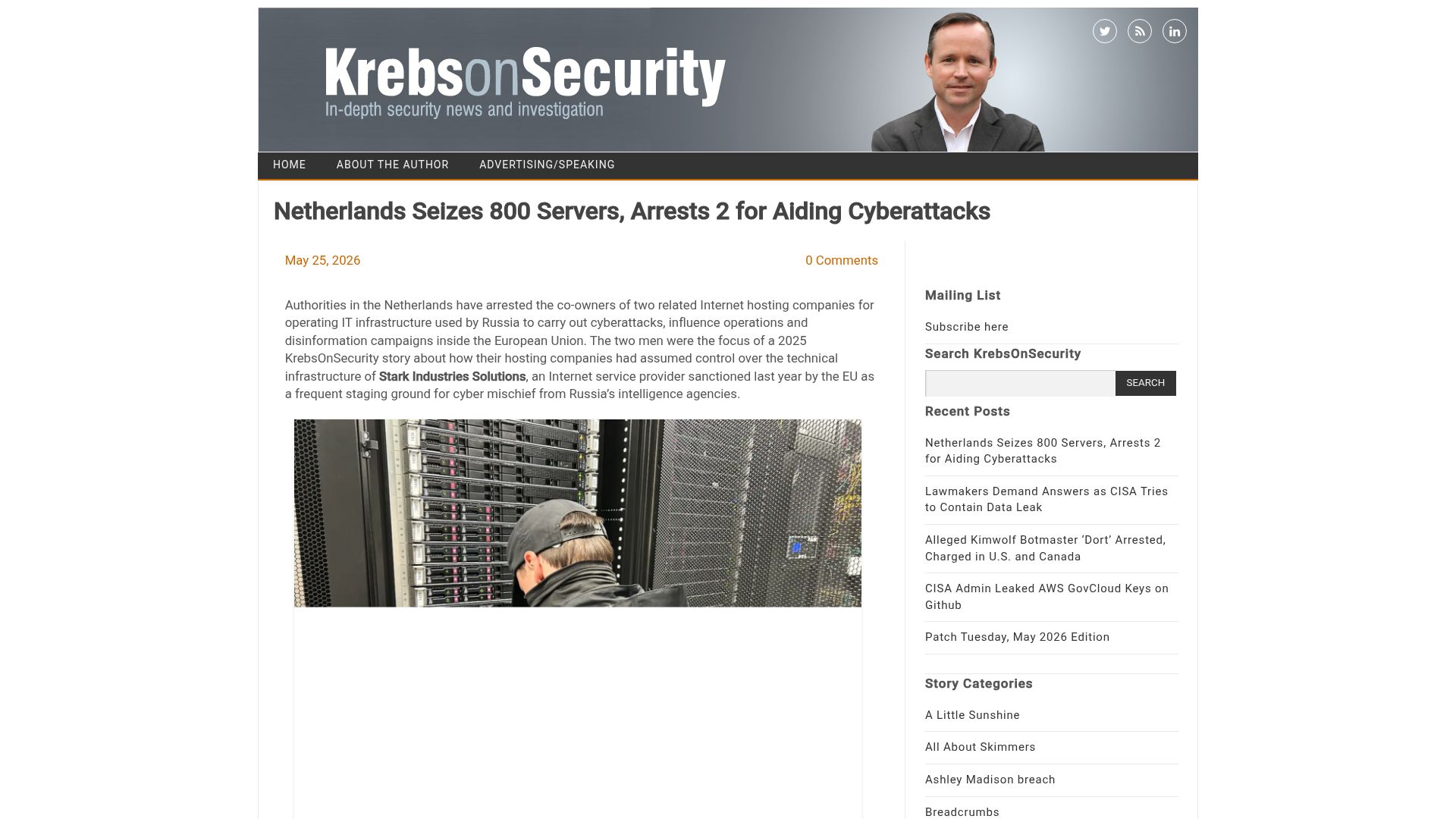 Screenshot of krebsonsecurity.com: Netherlands Seizes 800 Servers, Arrests 2 for Aiding Cyberattacks