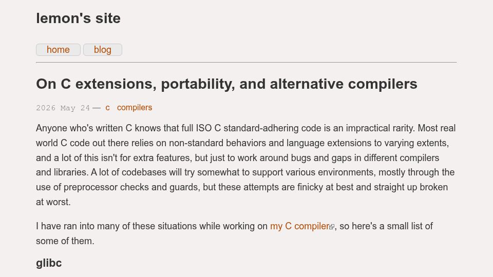 Screenshot of lemon.rip: C extensions, portability, and alternative compilers