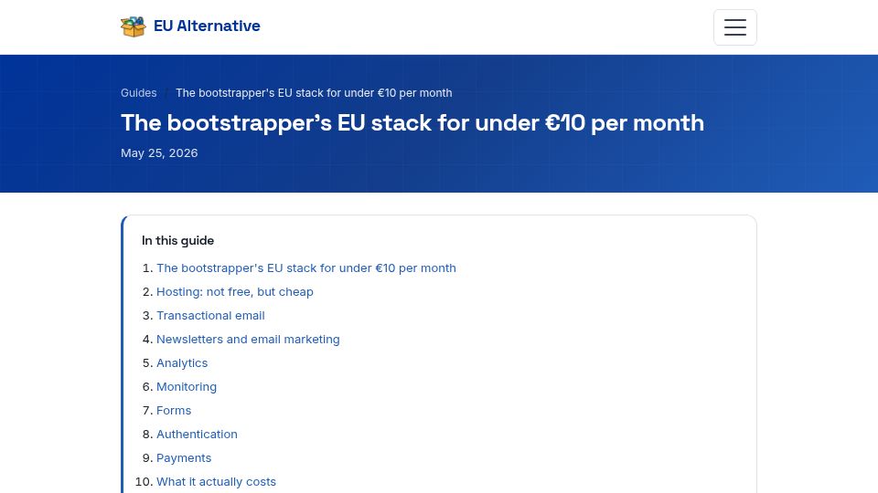 Screenshot of eualternative.eu: The bootstrapper's EU stack for under €10 per month