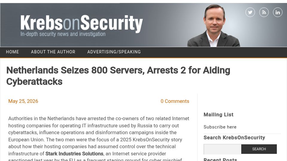 Screenshot of krebsonsecurity.com: Netherlands Seizes 800 Servers, Arrests 2 for Aiding Cyberattacks
